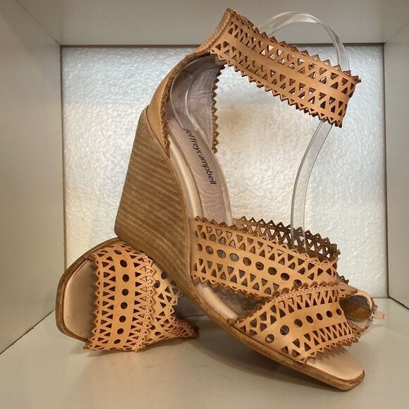 Jeffrey Campbell Tan Leather Cutout Wedge Sandals Womens Boho Resort Festival - Picture 7 of 11
